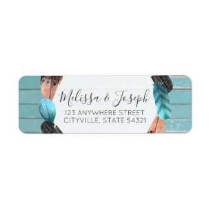 Rustic Turquoise Wood Feather Boho Return Address