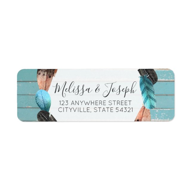 Rustic Turquoise Wood Feather Boho Return Address (Front)