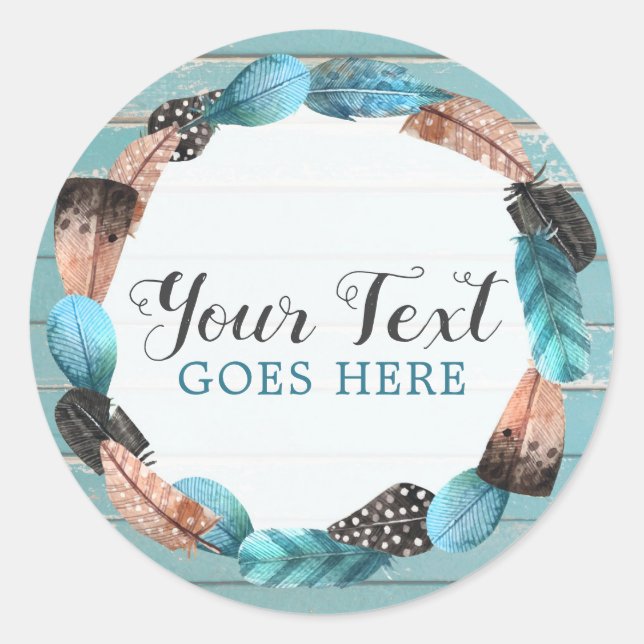 Rustic Turquoise Wood & Feather Wreath Boho Chic Classic Round Sticker (Front)