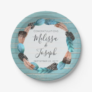 Rustic Turquoise Wood Feather Wreath Boho Wedding Paper Plate