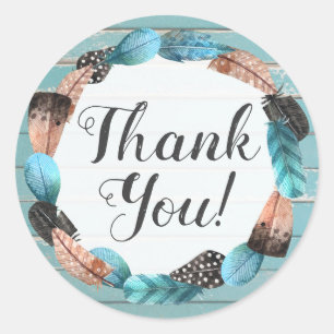 Rustic Turquoise Wood & Feather Wreath Thank You Classic Round Sticker