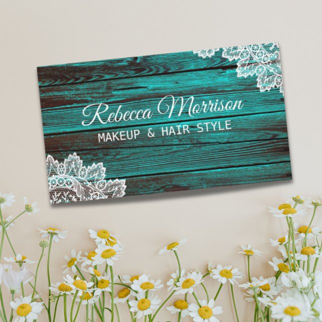 Rustic turquoise woodgrain lace woodgrain beauty business card (Creator Uploaded)