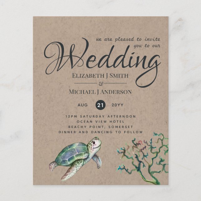 Rustic Turtle Ocean Sea Wedding Invites Budget (Front)
