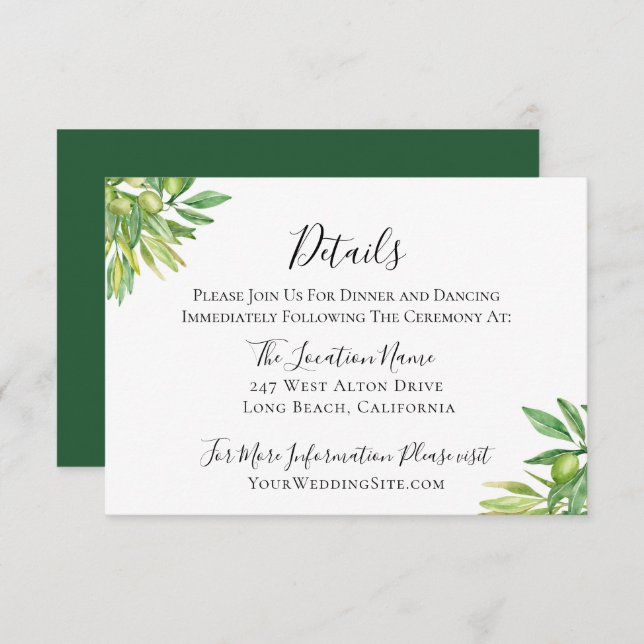 Rustic Tuscan Olive Branch Wedding Details Invitation (Front/Back)