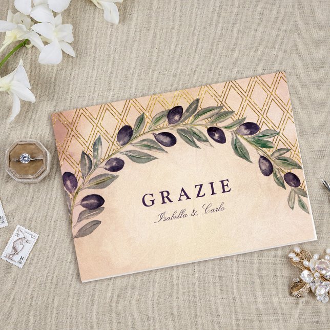 Rustic Tuscan Olive Branches Wedding Card (Tuscan Gold Lattice and Olive Branches Folded Thank You Card)