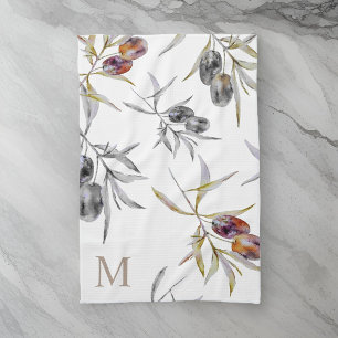 Rustic Tuscan Watercolor Olive Branch Monogram Tea Towel