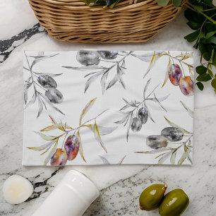 Rustic Tuscan Watercolor Olive Branch Tea Towel
