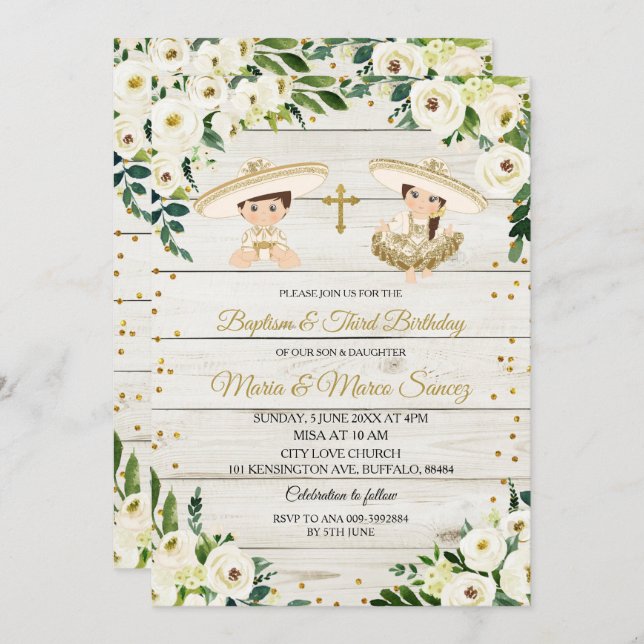 Rustic Twin Mexican Baptism & Third Birthday Invitation (Front/Back)