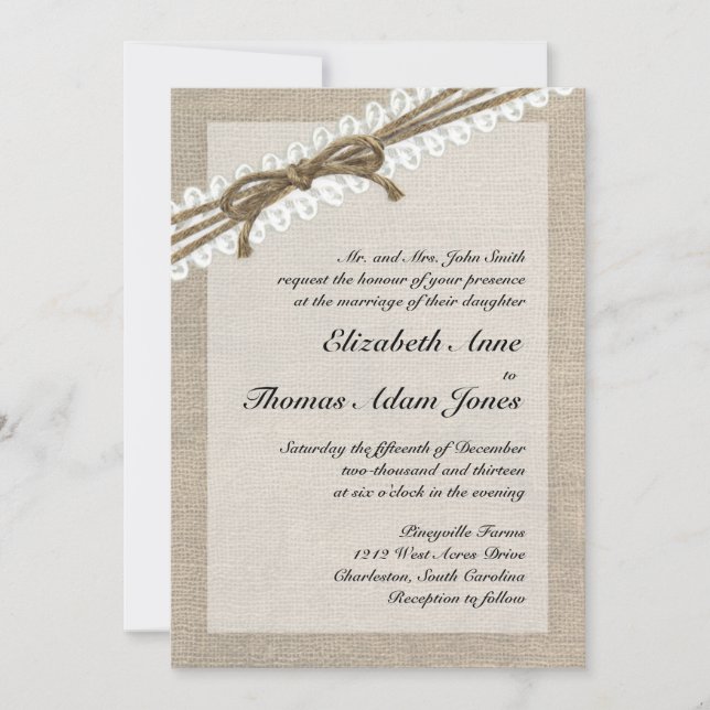 Rustic Twine and Lace Burlap 2 Wedding Invitation (Front)