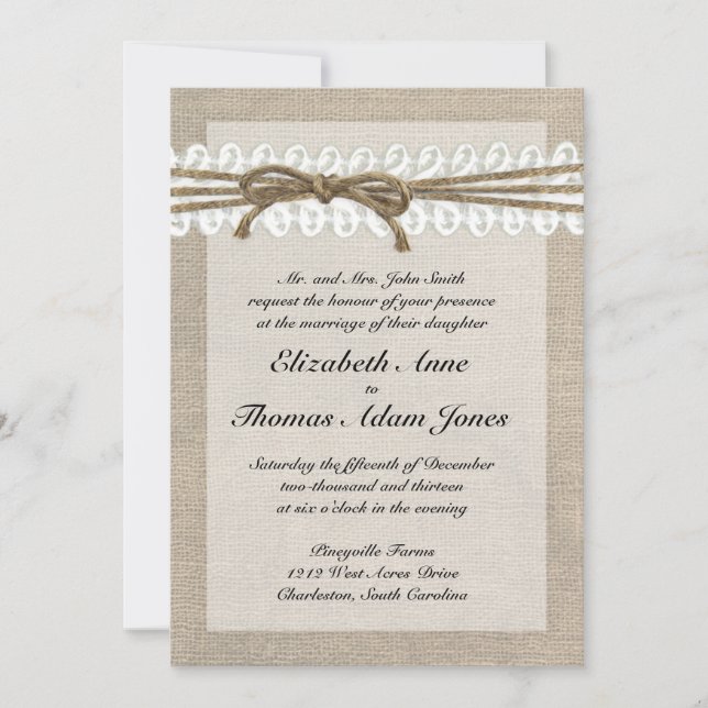 Rustic Twine and Lace Burlap Wedding Invitation (Front)