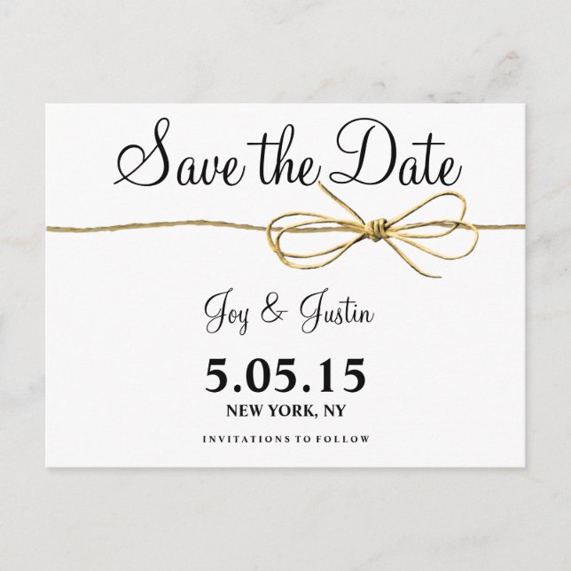 Rustic Twine Bow Save the Date Postcards (Front)