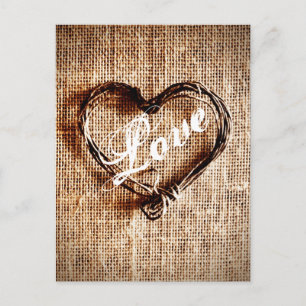 Rustic Twine Heart Burlap Print LOVE Postcard