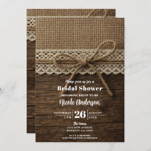 Rustic Twine Ribbon Wood & Lace Bridal Shower Invitation