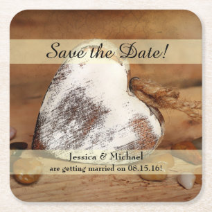 Rustic Twine Wood Heart Save the Date Square Paper Coaster