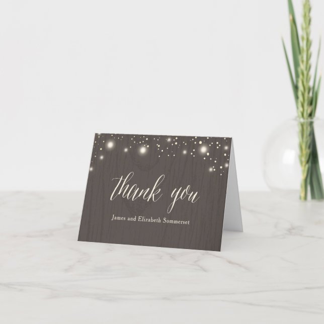 Rustic Twinkle Fairy Light Wood Wedding Thank You Card (Front)