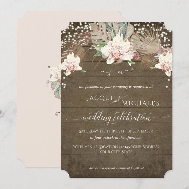 Rustic Twinkle White Orchid Floral BOHO Invitation (Front/Back)