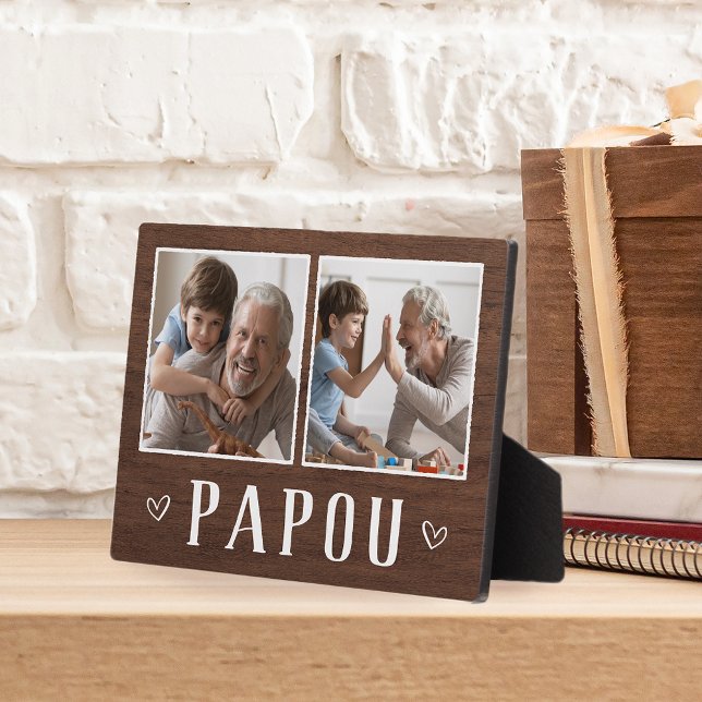 Rustic Two Photo Papou Grandpa Plaque (Creator Uploaded)