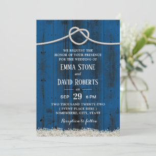 Rustic Tying the Knot Navy Blue Barn Wood Wedding Invitation