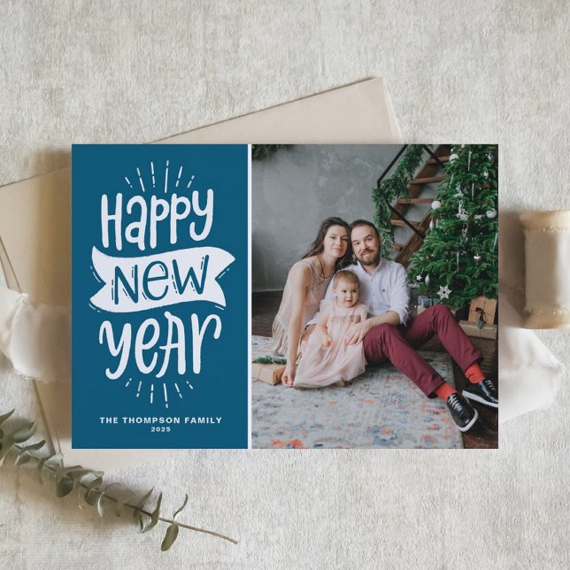 Rustic Typography Blue Happy New Year Photo Holiday Card (Creator Uploaded)