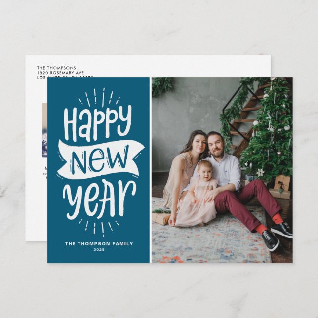 Rustic Typography Blue Happy New Year Photo Holiday Postcard (Front/Back)