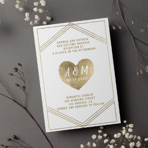 Rustic typography gold heart geometrical wedding invitation