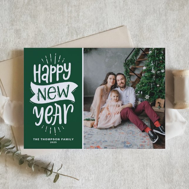 Rustic Typography Green Happy New Year Photo Holiday Card (Creator Uploaded)