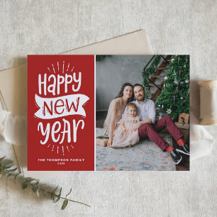 Rustic Typography Red Happy New Year Photo Holiday Card