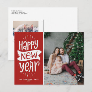 Rustic Typography Red Happy New Year Photo Holiday Postcard
