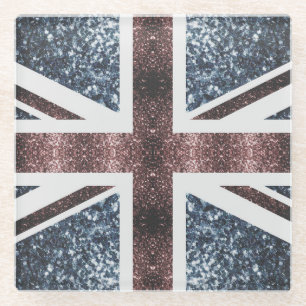 Rustic UK flag red blue sparkles glitters Glass Coaster