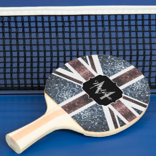 Rustic UK flag red blue sparkles glitters Monogram Ping Pong Paddle