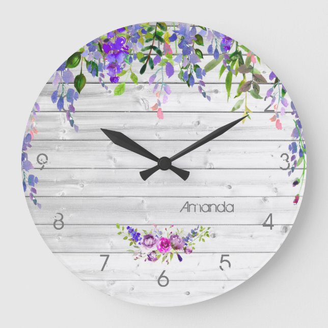 Rustic Ultra Violet Watercolor Floral Large Clock (Front)
