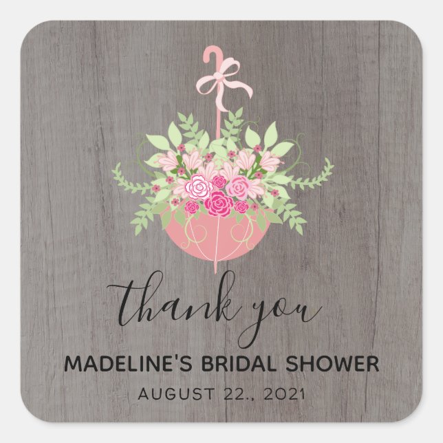 RUSTIC Umbrella| Bridal Shower Thank You Square Sticker (Front)