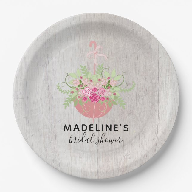 Rustic Umbrella | Roses on Wood Bridal Shower Paper Plate (Front)