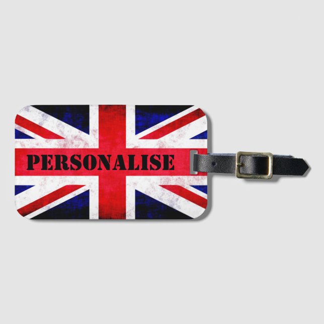 Rustic Union Jack UK Flag Personalised Luggage Tag (Front Horizontal)