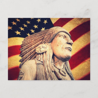 Rustic USA flag patriotic Native American Indian Postcard
