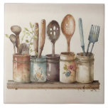 Rustic Utensils Watercolors Fatmhouse Ceramic Tile<br><div class="desc">Rustic country farmhouse watercolors utensils scene used to create this perfect ceramic tile. Mix and match with other companion tiles to create your own customised look. Faux stone colour companion tiles are also available to create your pattern.</div>