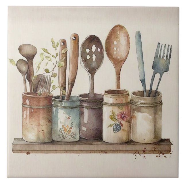 Rustic Utensils Watercolors Fatmhouse Ceramic Tile (Front)