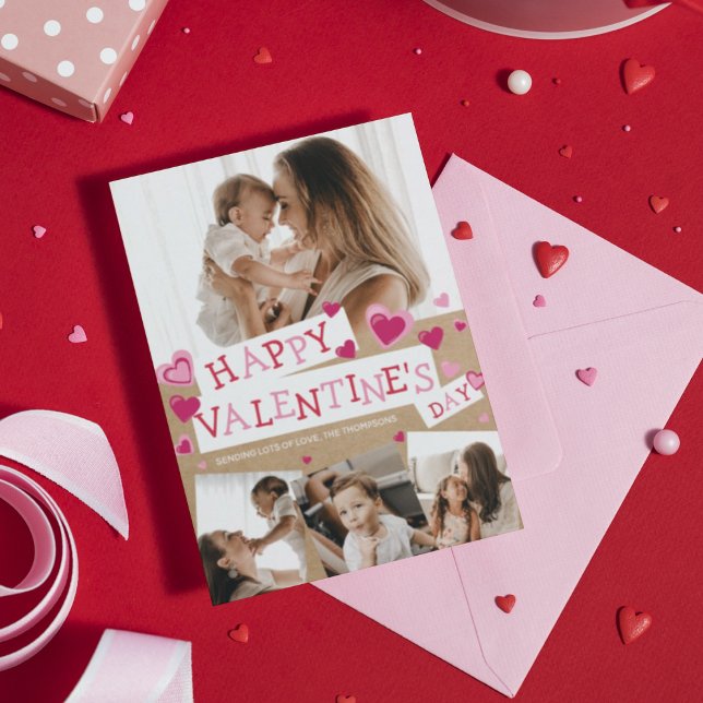 Rustic Valentines Photo Collage Hearts Craft Paper Holiday Card (Creator Uploaded)