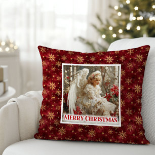 Rustic Victorian Angel Red Gold Holiday Christmas Cushion