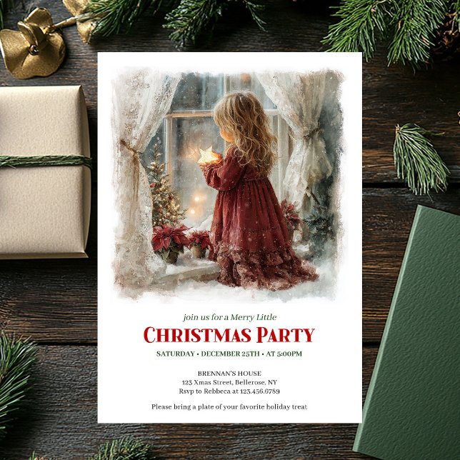 Rustic Victorian Little Girl Awaiting Santa Digita Invitation (Rustic Victorian Little Girl Awaiting Santa Printable Invite)
