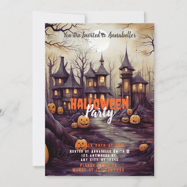 Rustic Village Full Moon Pumpkins Halloween Party Invitation (Front)