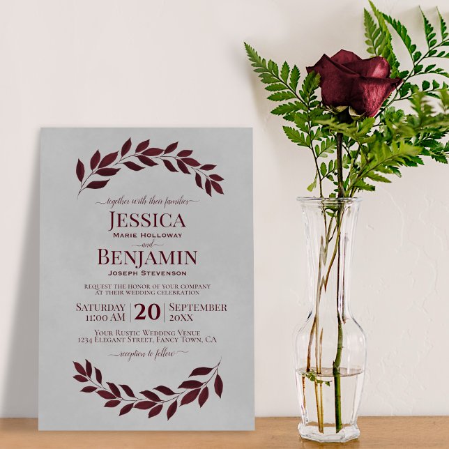 Rustic Vines Elegant Burgundy & Gray Wedding Invitation (Creator Uploaded)