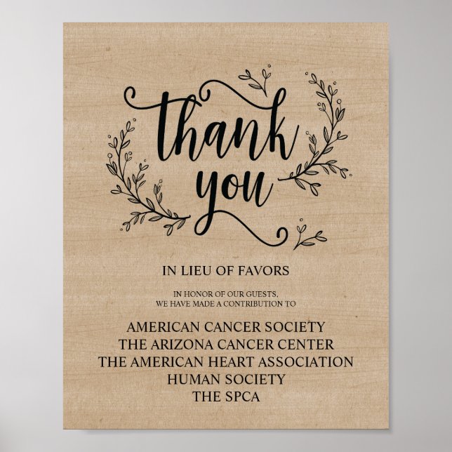 Rustic Vines Wedding donation or contribution sign (Front)