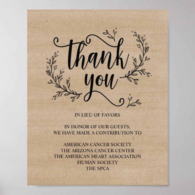 Rustic Vines Wedding donation or contribution sign (Front)