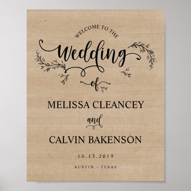 Rustic Vines Wedding Welcome Sign Poster (Front)