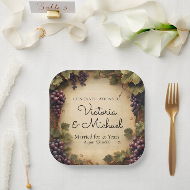 Rustic Vineyard Grapes Custom Name Paper Plate (Wedding)