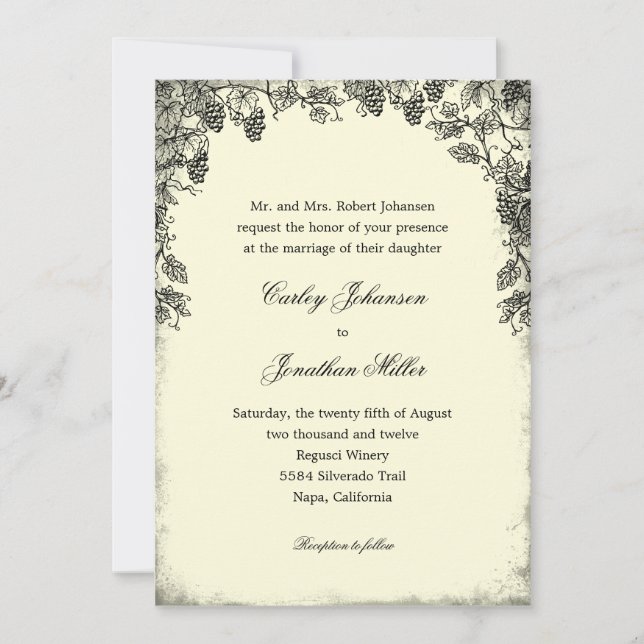 Rustic Vineyard Wedding Invitation - Black (Front)