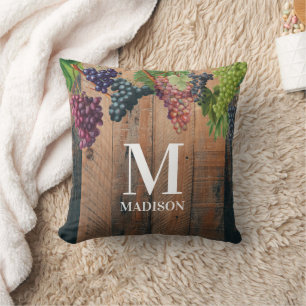 Rustic Vineyard Wood & Grapes Monogram Cushion