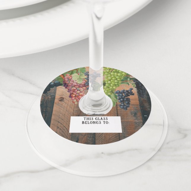 Rustic Vineyard Wood & Grapes Wine Glass Tag (Close Up)