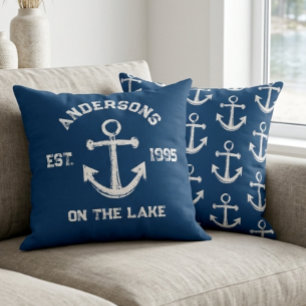 Rustic Vintage Anchor Name Est. Navy Blue  Cushion